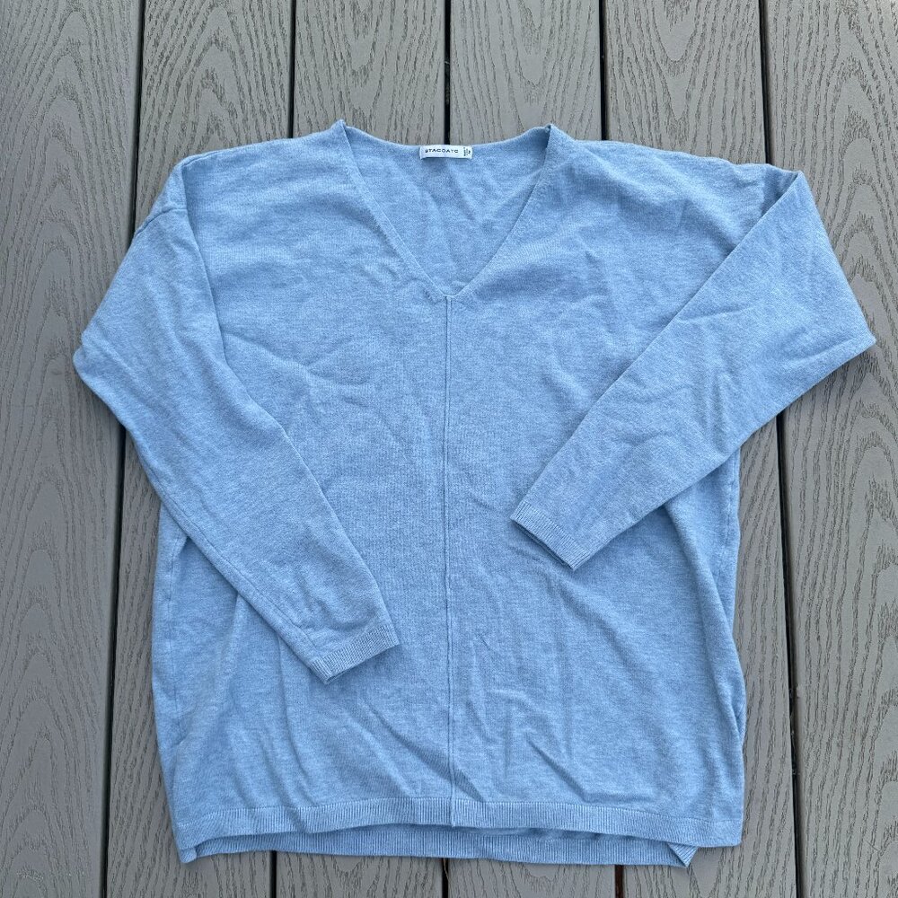 Staccato sweater V neck Med Blue pullover Side Slit front seam neutral soft